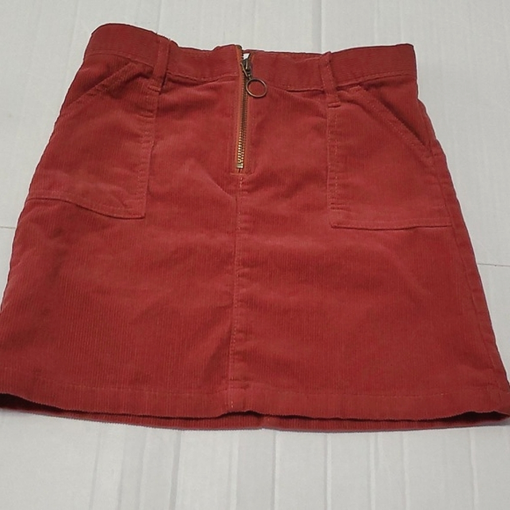 Place Rust Corduroy Front Zipper Closure Patch Pockets Girls Mini Skirt